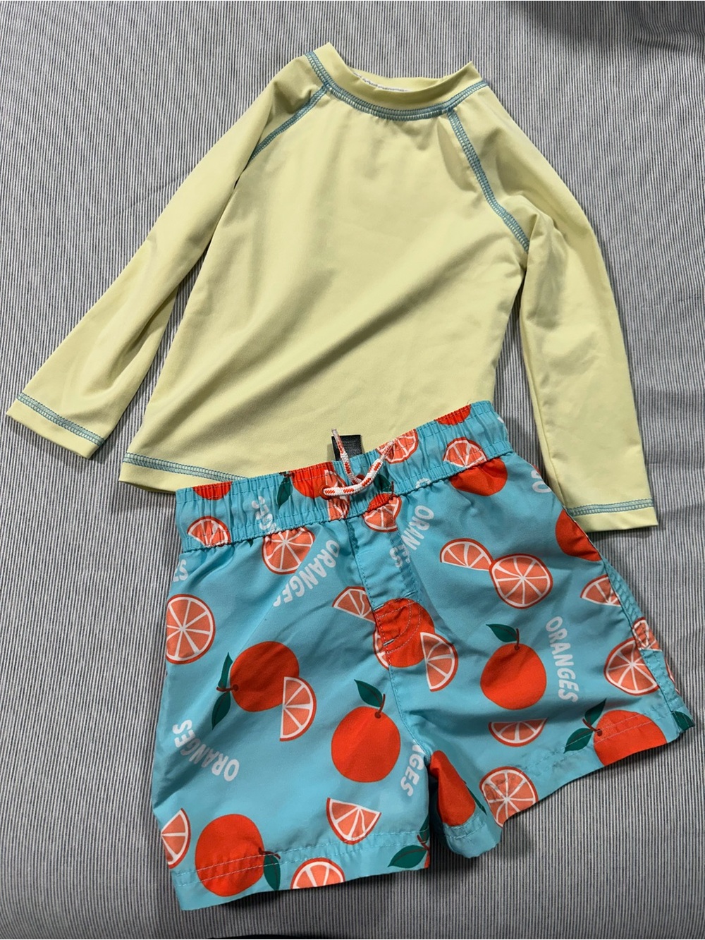 George Yellow Long-Sleeve Rashguard with Blue and Orange Fruit Print Swim Shorts
